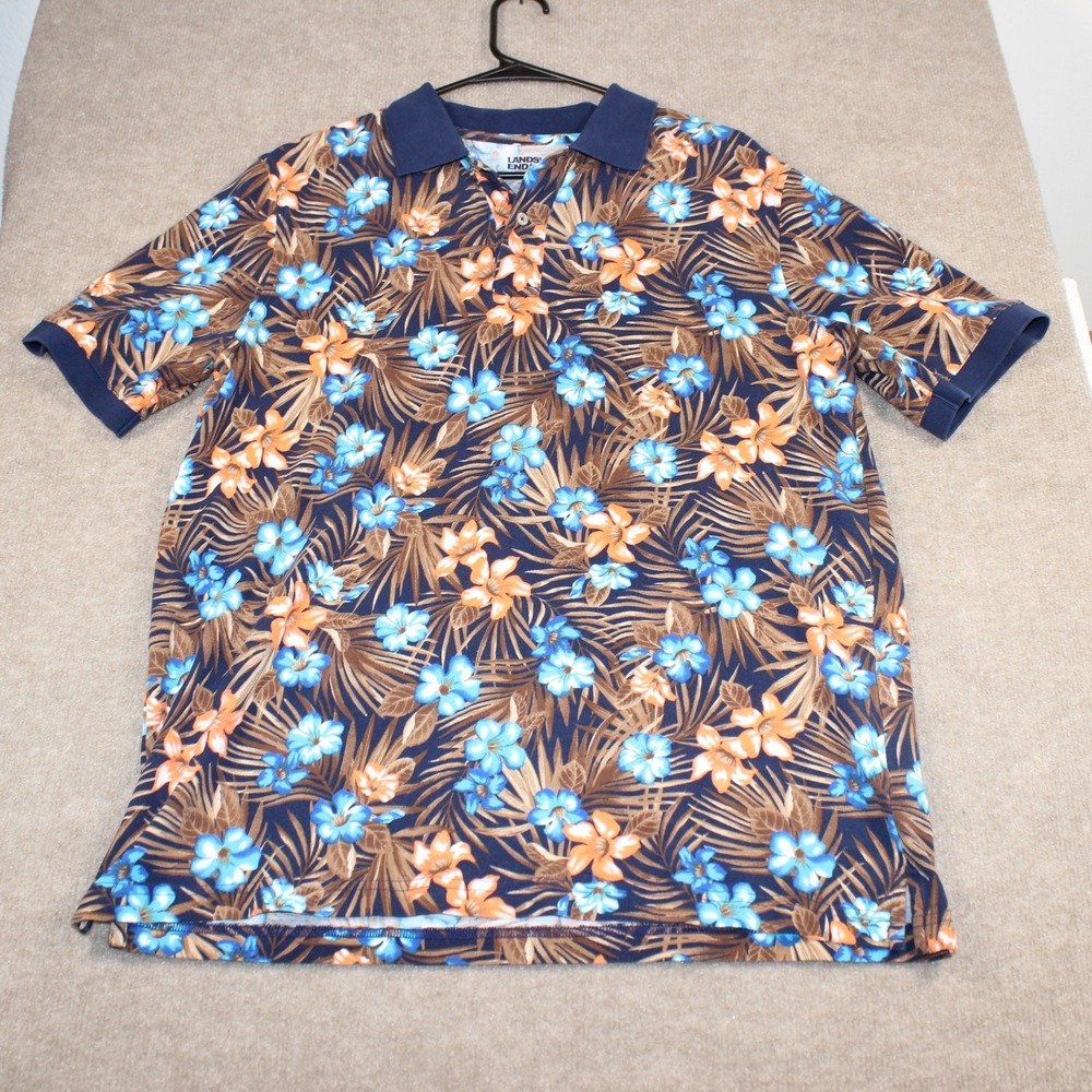 Lands End Mens Large Traditional Fit Tropical Floral Palm Polo Shirt Navy Blue